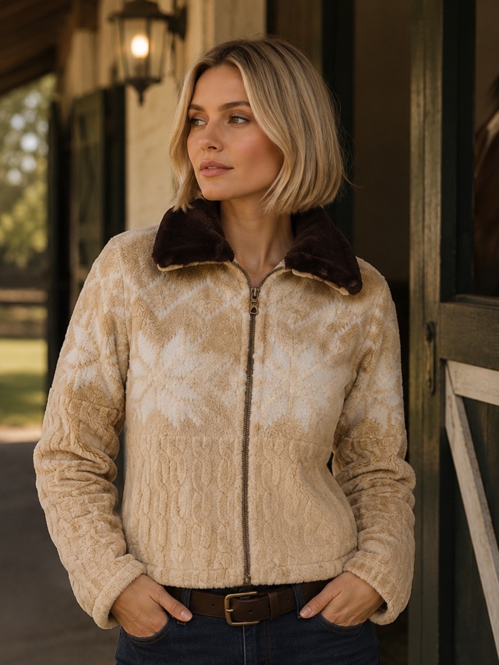 Fair Isle Fleece Zip Jacket | Faux Fur Collar | Women’s Small | Cabincore Cozy